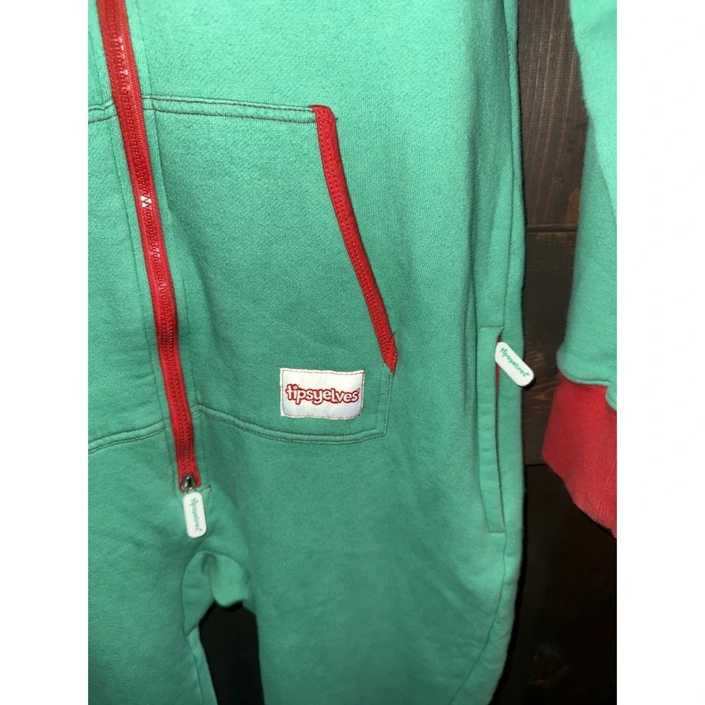 Tipsy Elves One Piece Zip Up Unisex‎ S Hooded Christmas jumpsuit Red Green Snow